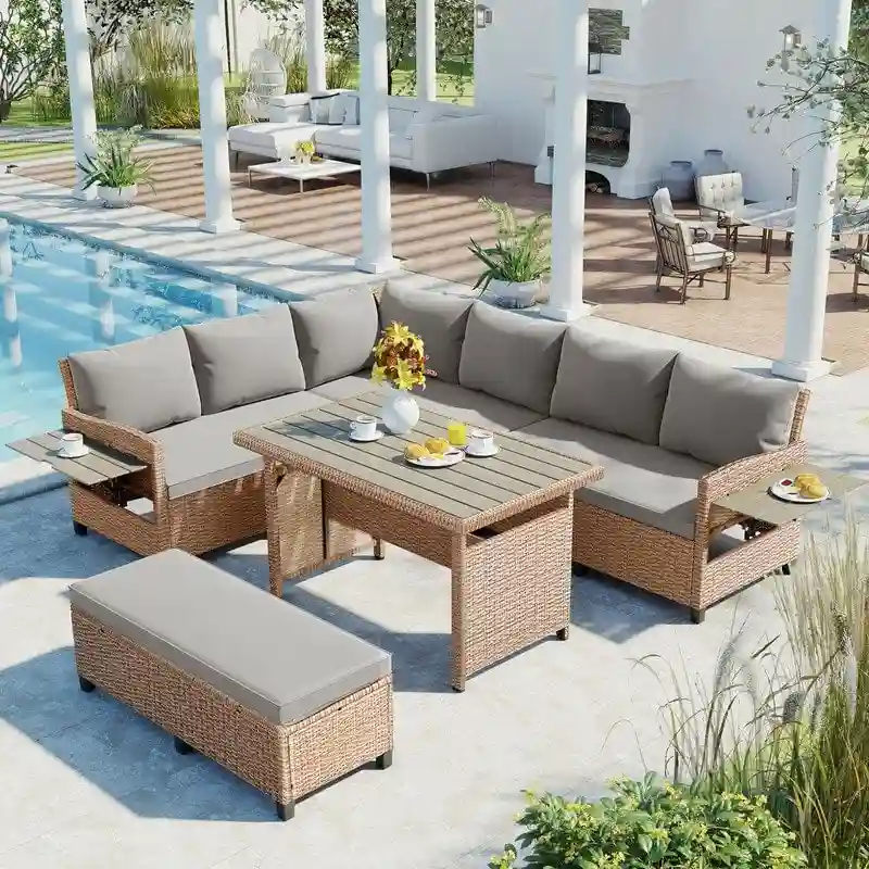 5-Piece Outdoor Patio Furniture Set, PE Wicker L-Shaped Sofa Set with 2 Extendable Side Tables, Dining Table and Bench