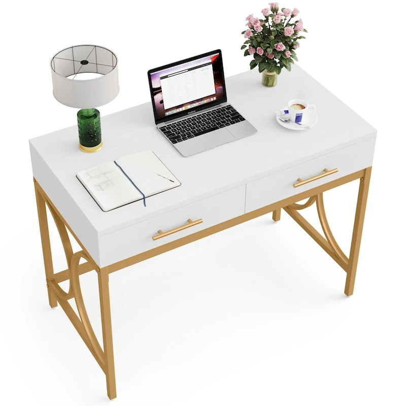 Modern Computer Writing Desk with 2 Drawers, White and Gold Home Office Desk, Makeup Vanity Table