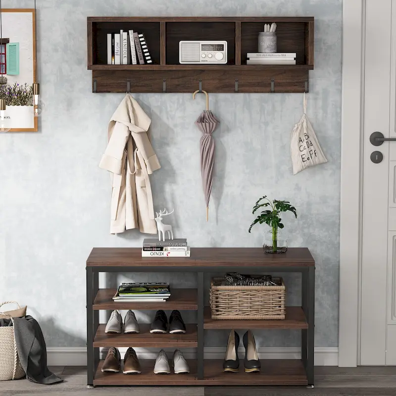 Hall Tree with 7 Hooks, Entryway bench with coat rack