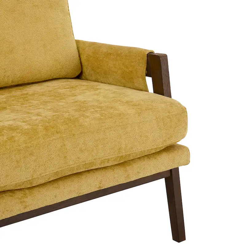 Yellow Velvet Armchair with Rubberwood Frame and Padded Feet