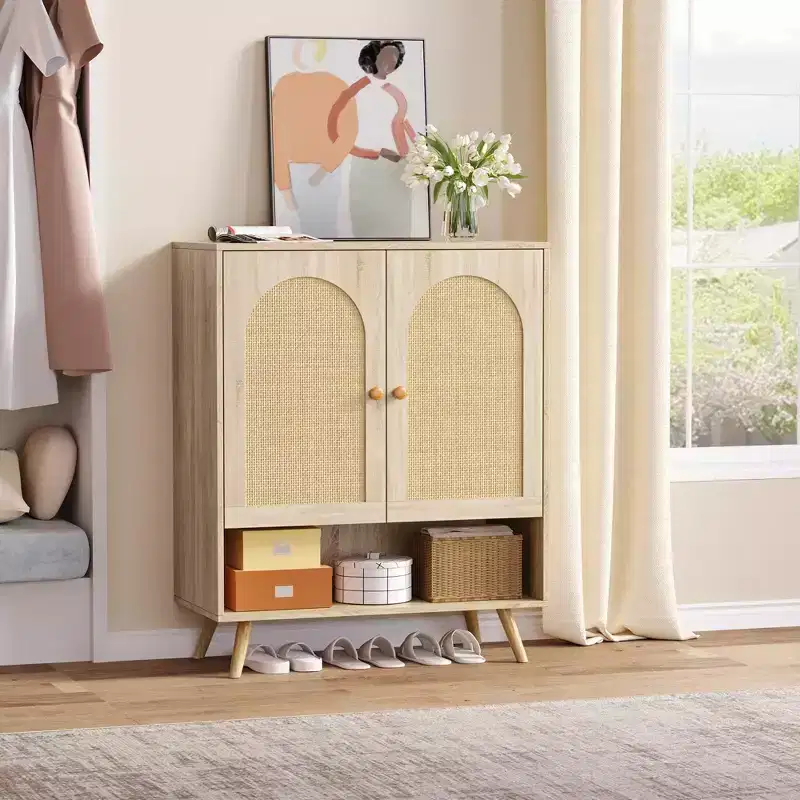 Sideboard Buffet, Natural Rattan Hallway Cabinet with 2 Doors & 4 Adjustable Shelves