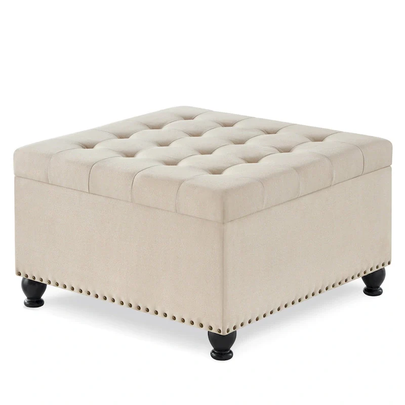 Linen / Black PU / Beige / Dark Gray Square Storage Ottoman, Button-Tufted, Seats 1