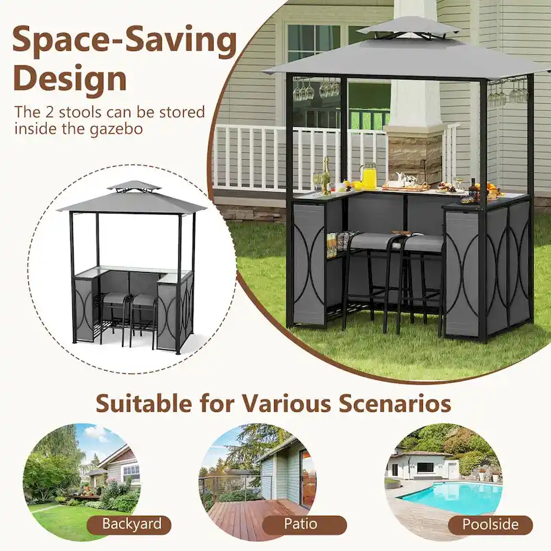 Costway 6.5 x 4 x 8 FT Grill Gazebo Set with 2 Bar Stools, Tempered - See Details