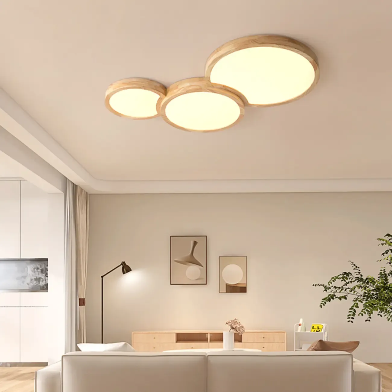 Natural Geometric Wood Dimmable Flush Mount LED Ceiling Light