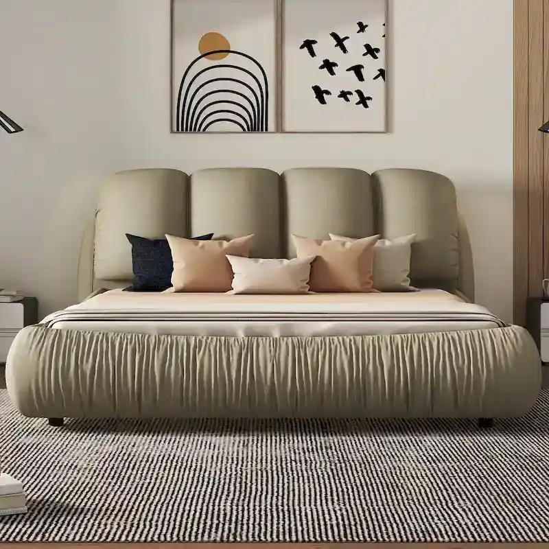 Queen Size Upholstered Bed with Thick Padded Headboard – Stone Gray/Beige/Gray/White