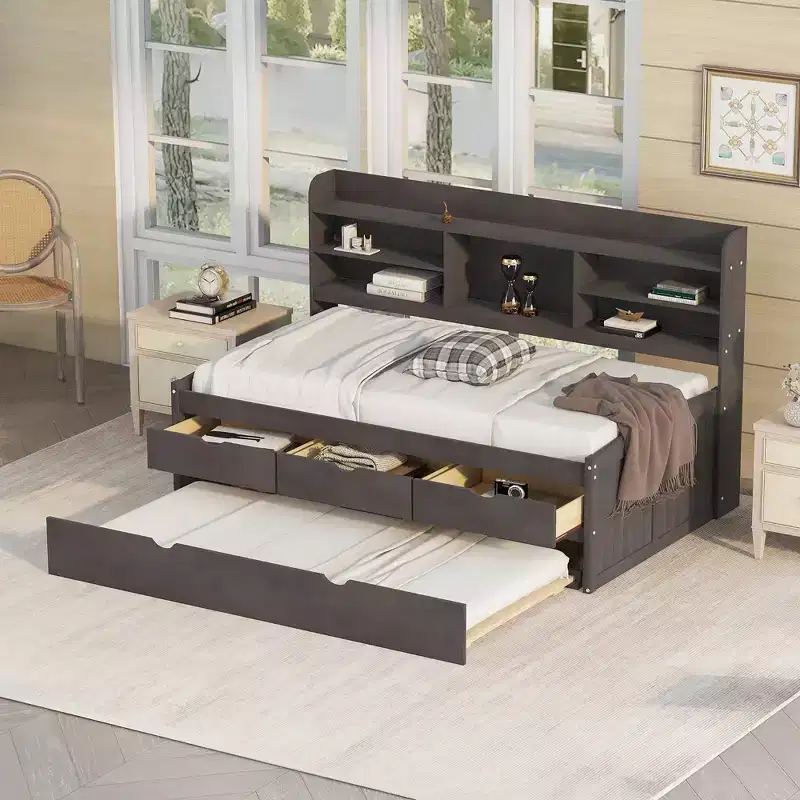 Twin/Full Size Wooden Captain Bed with Built-in Bookshelves,Three Storage Drawers and Trundle - ModernLuxe