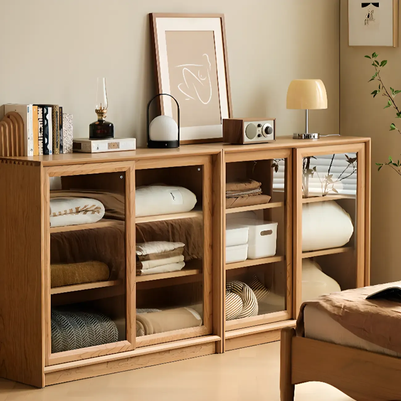 Rectangular Natural Wood Glass Door Storage Display Cabinet