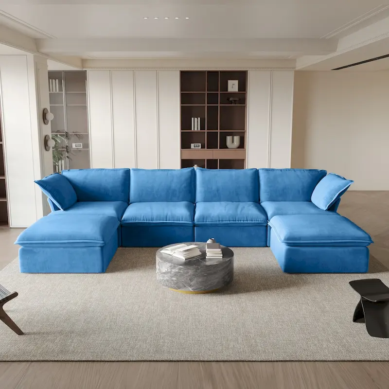 6 Piece U-shaped Velvet Upholstery Modular Sectional Sofa with 2 Ottoman