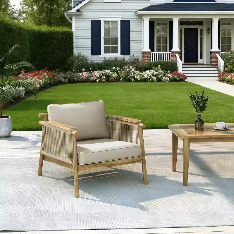 ModernLuxe Acacia Wood Outdoor Club Chair Patio Armchair with Rope-Woven Armrests & Backrest, Water-Resistant Cushions, Teak