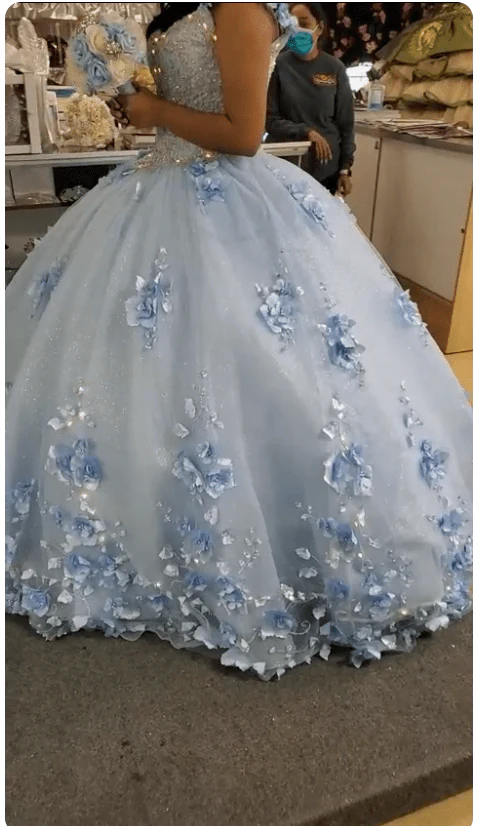 Sky Blue 3D Appliques Off The Shoulder Ball Gown Quinceanera Dresses