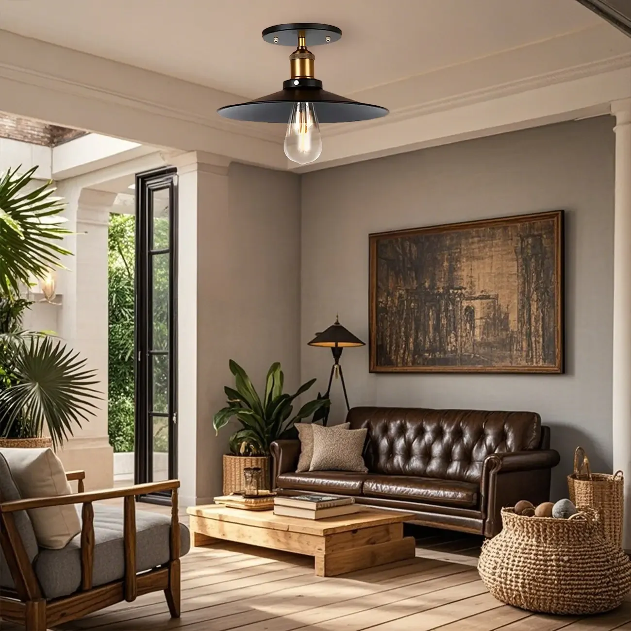 Industrial Black Cone Metal Semi Flush Ceiling Light