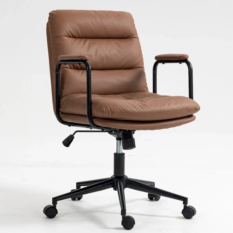 Black / Brown Mid-Back PU Leather Swivel Office Chair with Arms, Wheels & Reclining Back – 1-Person