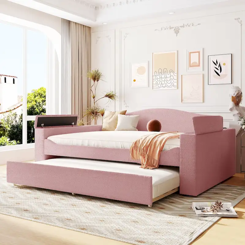 Full Size Upholstered Daybed with Storage Armrests, Trundle and Latest Integrated Bluetooth Audio System, Teddy Fleece, Pink