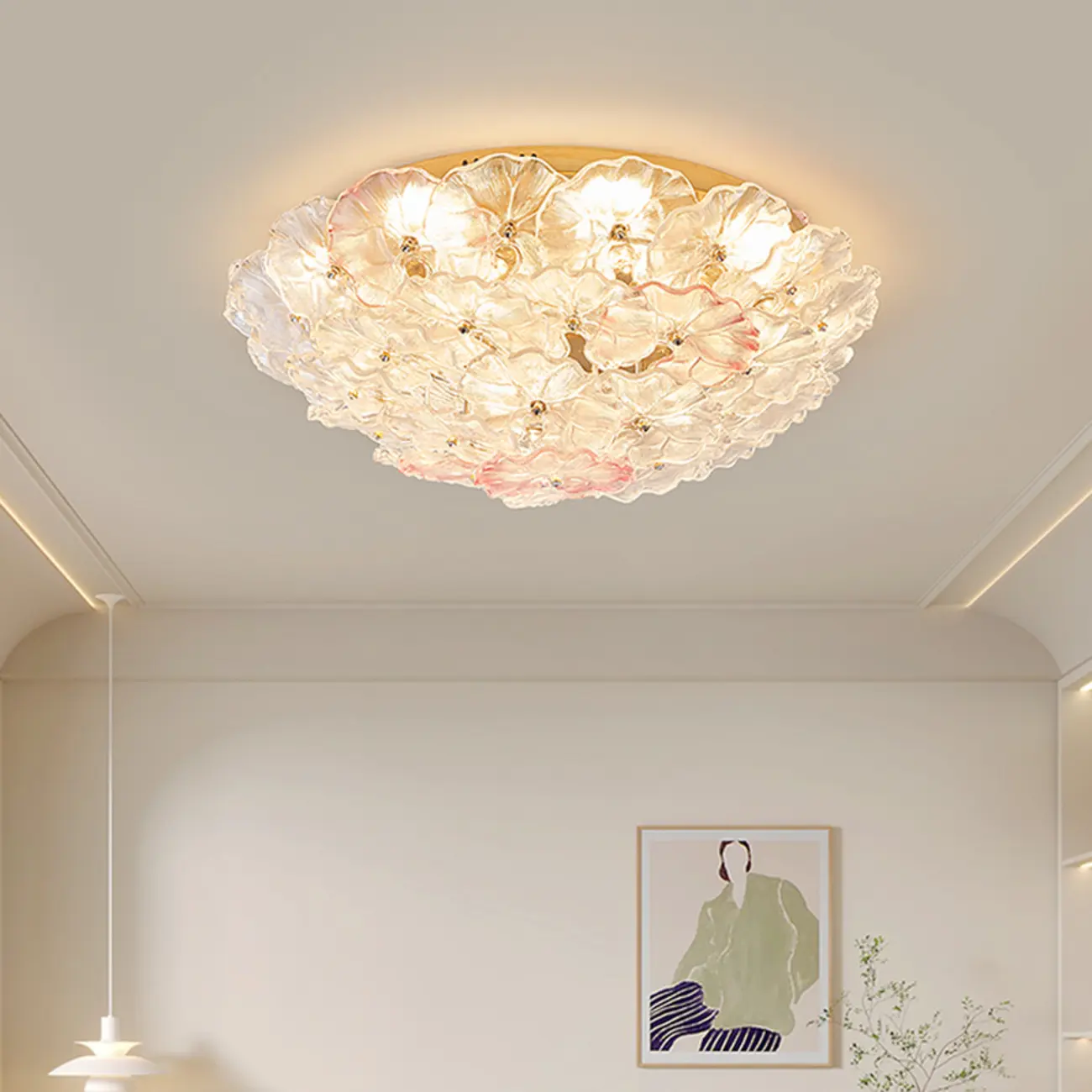 Glass Flower Shape Aureate Stainless Fixture Flush Mount Ceiling Light