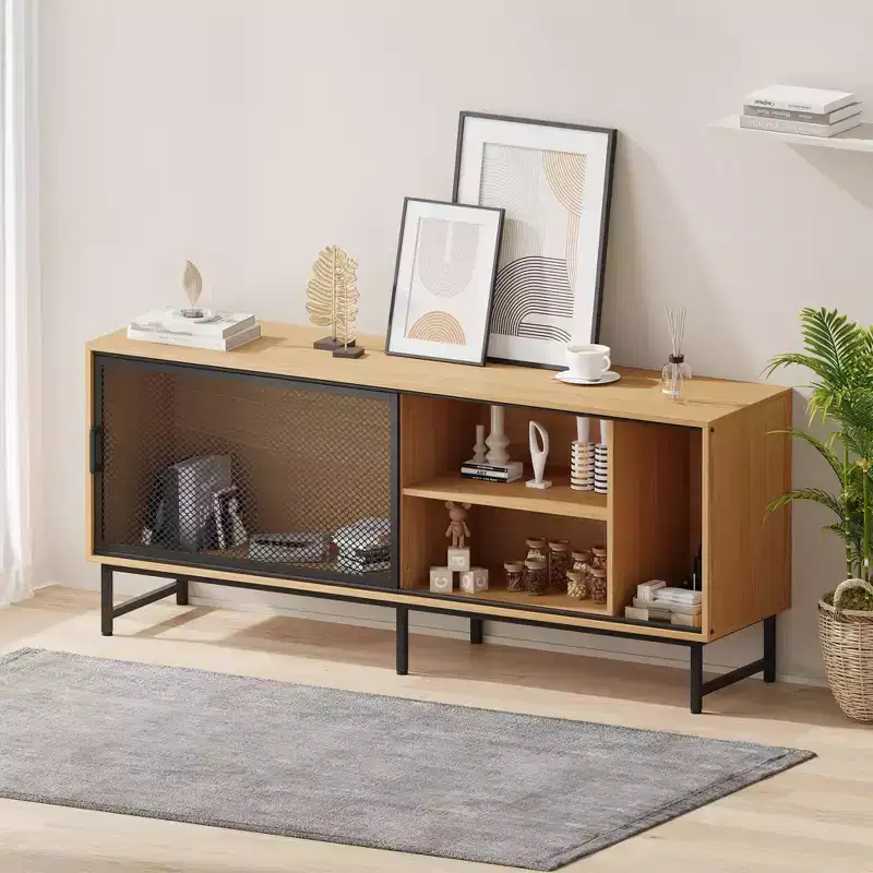 Industrial TV Stand with Metal Mesh Sliding Doors, Modern Wood TV Cabinet Sideboards with Metal Legs, Cable Management Holes, Ample Storage Space