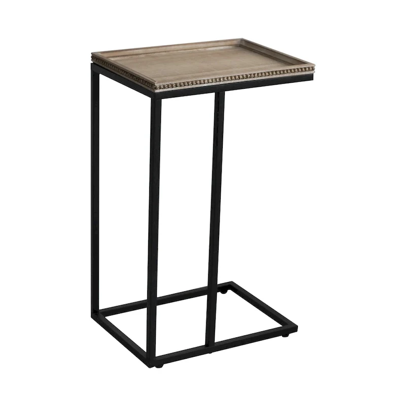 Distressed Wood C-Shaped End Table with Metal Base