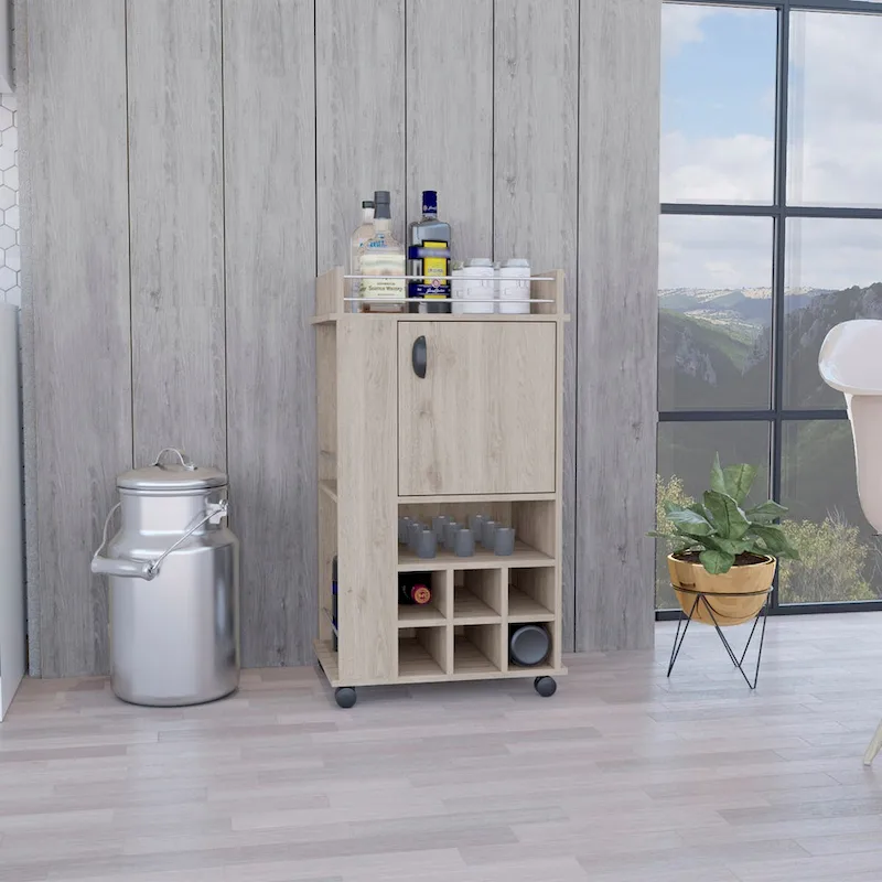 Grey Bar Cart with 6 Wine Slots, Open Shelf, Cabinet & Casters