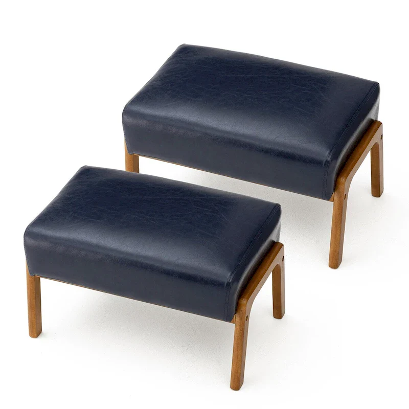 Brown Mid-Century Faux Leather Ottoman Accent Stool, Set of 2