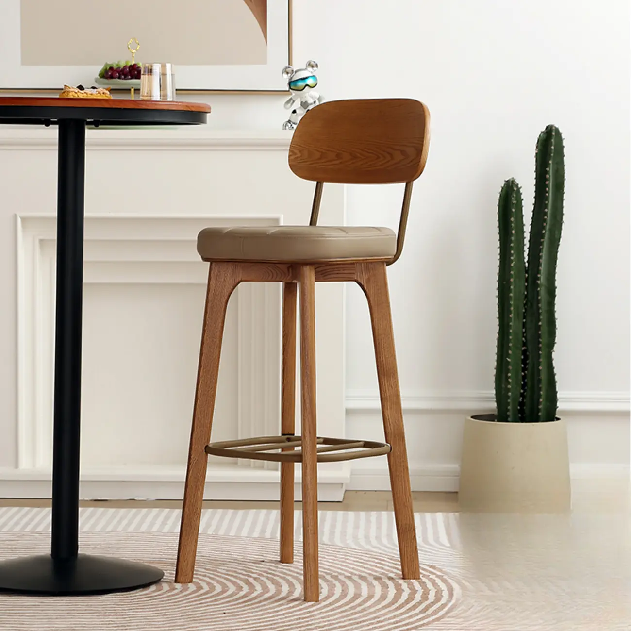 Wooden Square Leather Upholstered Bar Stool with Backrest