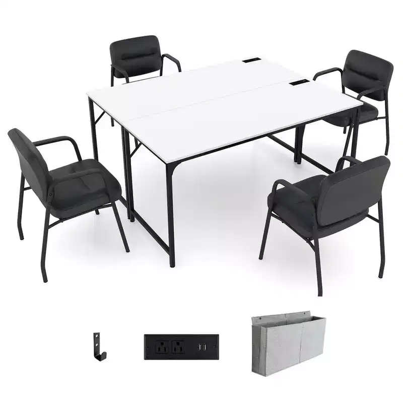 Costway Set of 2/4/6 Meeting Room Desk with Charging Station & Headphone Hook Metal Frame White