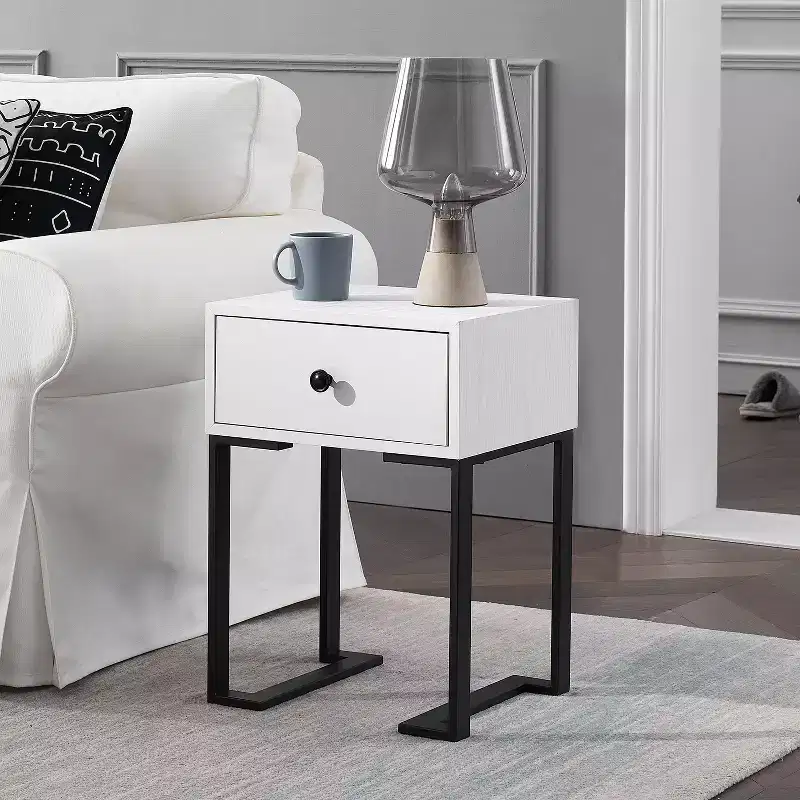 VECELO Vintage Nightstand with Storage Drawer, End/Side Table for Bedroom or Living Room, Metal Frame, Brown/White