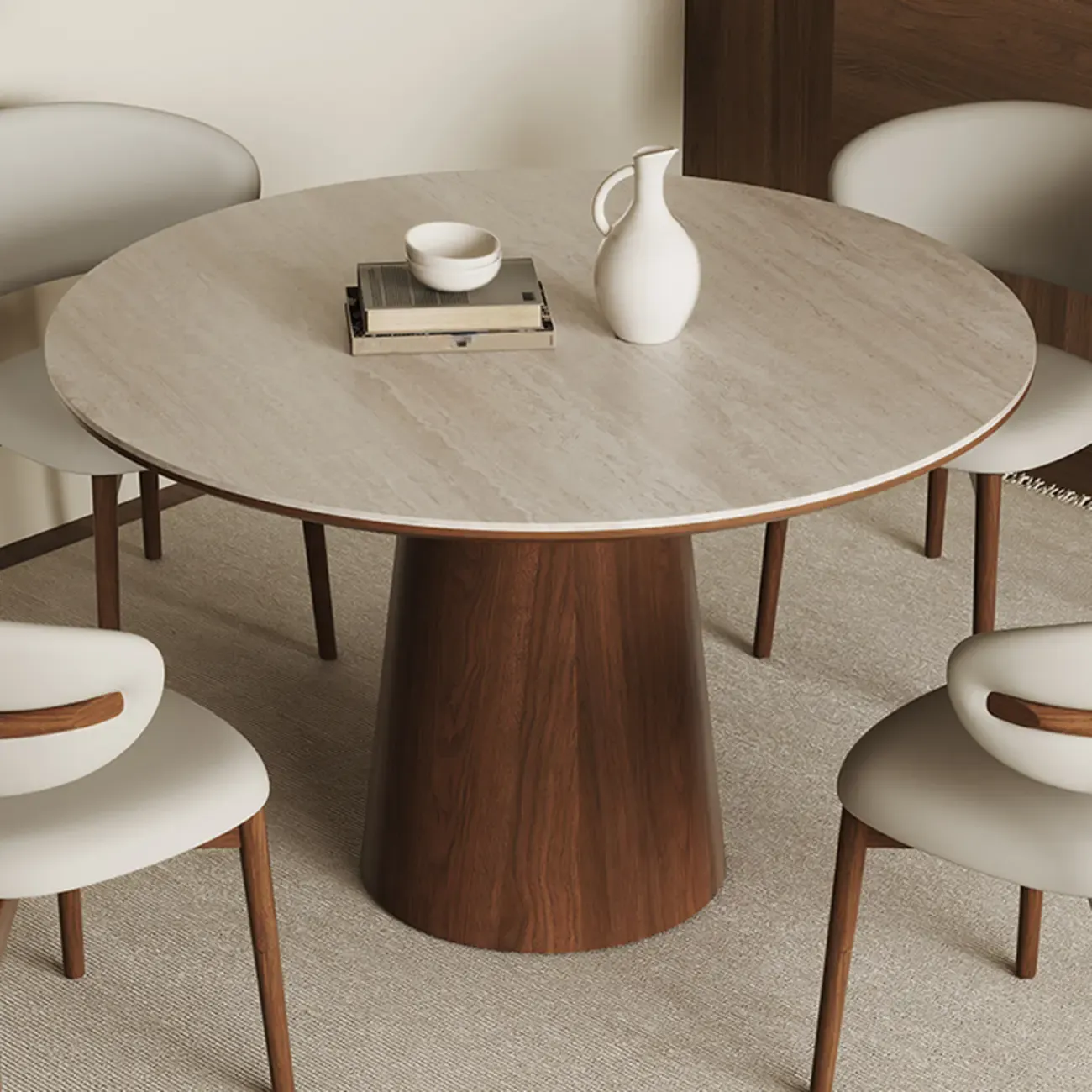 Modern Round Stone Top Pedestal Dining Table