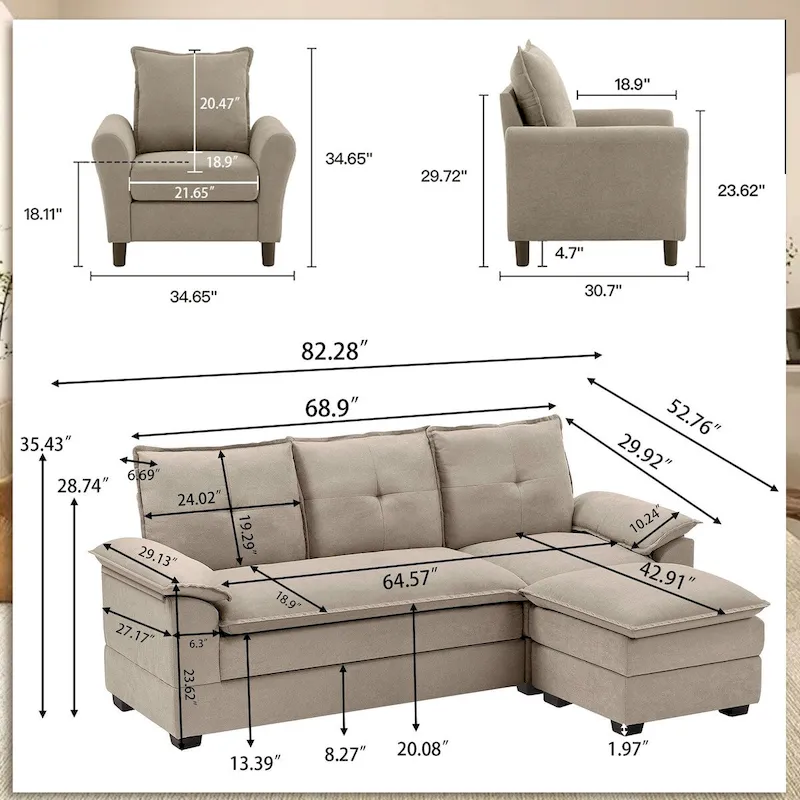 82.28 L Shaped 3 Pieces Living Room Sets