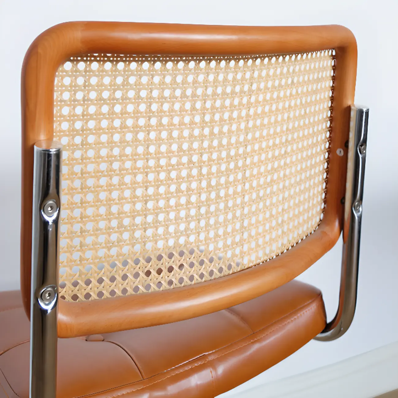 Modern Brown Cantilever Faux Leather Dining Chair Woven Back