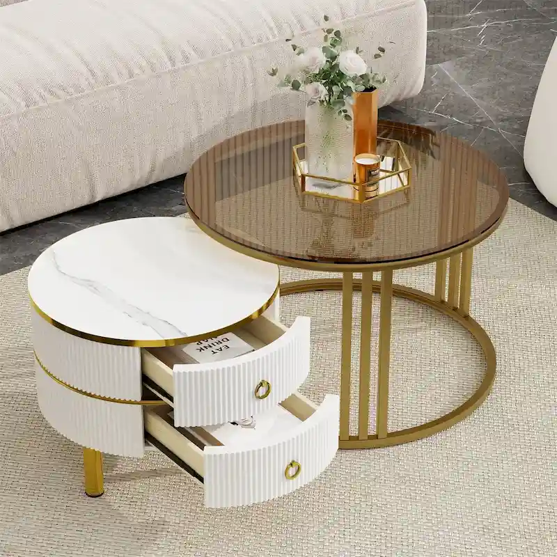 Stackable Coffee Table,Nesting Tables with Brown Tempered Glass,2 PCS