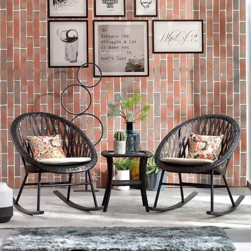 OVIOS 3-piece Patio Rocking Chair Bistro Set with Glass Coffee Table