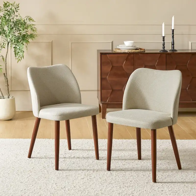 Upholstered Dining Chair, Curved Back, Walnut Legs – Set of 2 | Beige/Ivory/Mustard/Tan/Grey/Navy