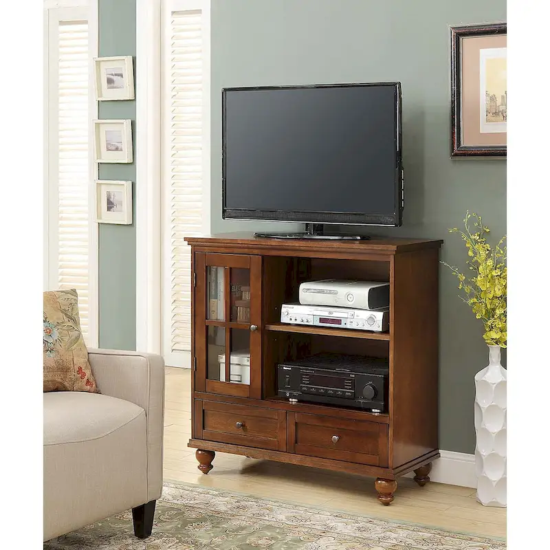 Highboy TV Stand 40 with 2 Drawers, Storage Cabinet & Shelves - Glass Door, Antique Brass, 80 lbs Capacity