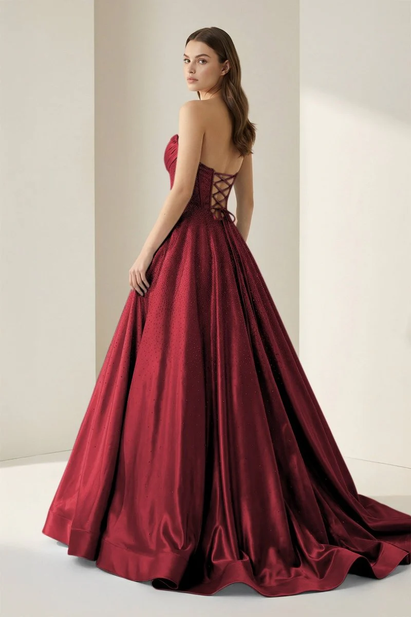 Burgundy - Strapless A Line Satin Beaded Long Prom Dresses With Pockets