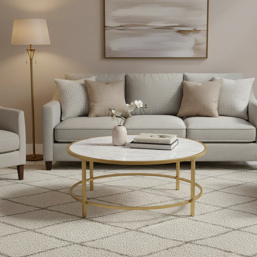 Gold White / Gold Clear Faux Marble Top Round Coffee Table with Powder-Coated Metal Base – 36 in