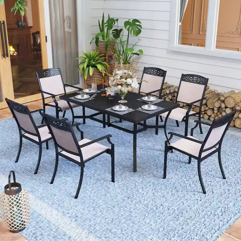 7-Piece Patio Dining Sets, 6 Chairs Made from Sturdy Alu Frame and Breathable Textilene Sling Fabric and I Metal Table