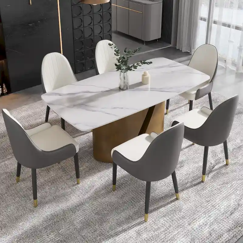71 & 63 Modern Kitchen Table Marble Sintered Stone Table Top with Metal Gold Finish Legs