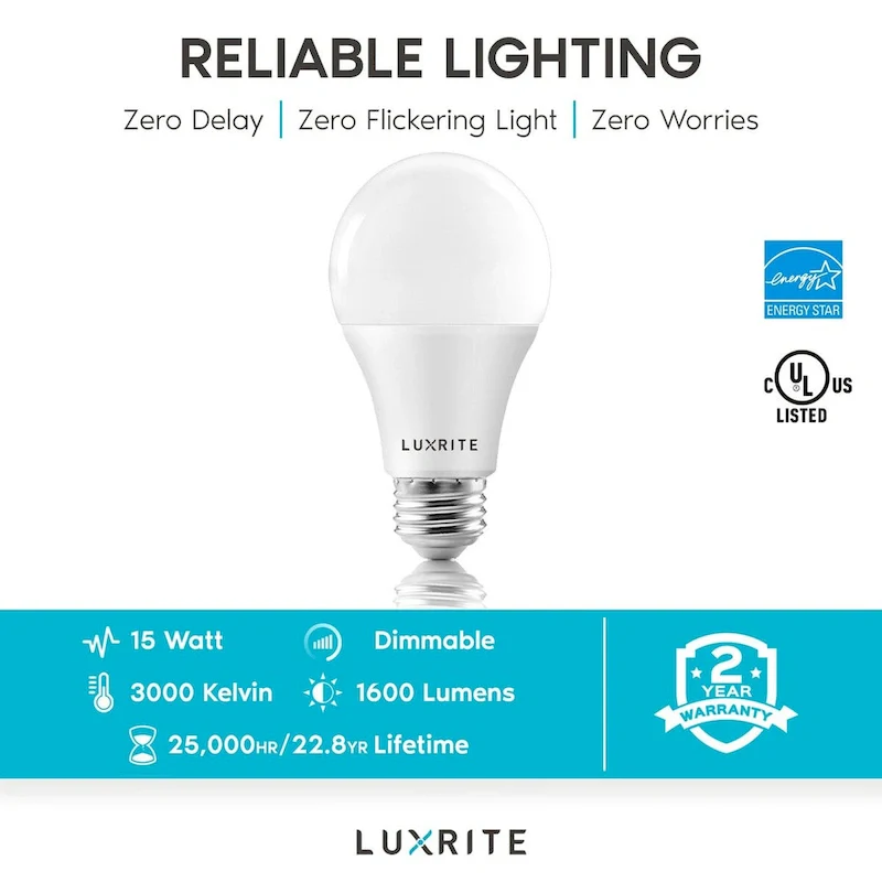 Luxrite A19 LED Light Bulbs 100W Equivalent Dimmable, 1600 Lumens, Enclosed Fixture Rated, Energy Star, E26 Base 12-Pack
