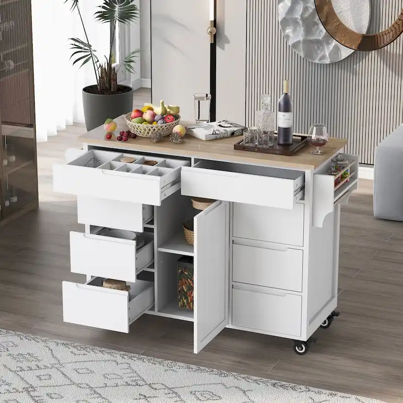 Kitchen Island Cart with Rubber Wood Top and Locking Wheels