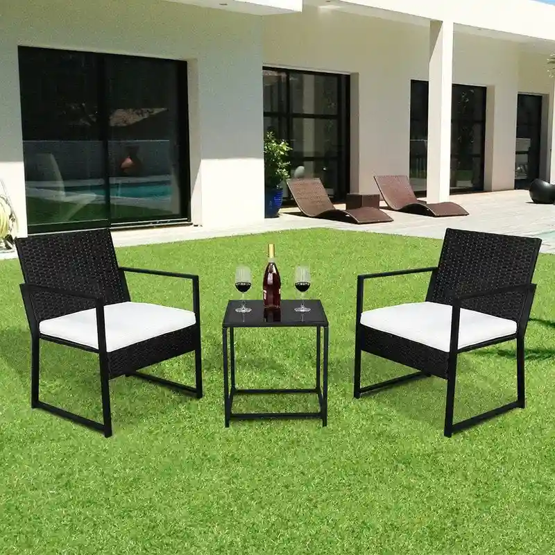 3PCS Patio Rattan Furniture Set Chairs with Cushions and Coffee Table