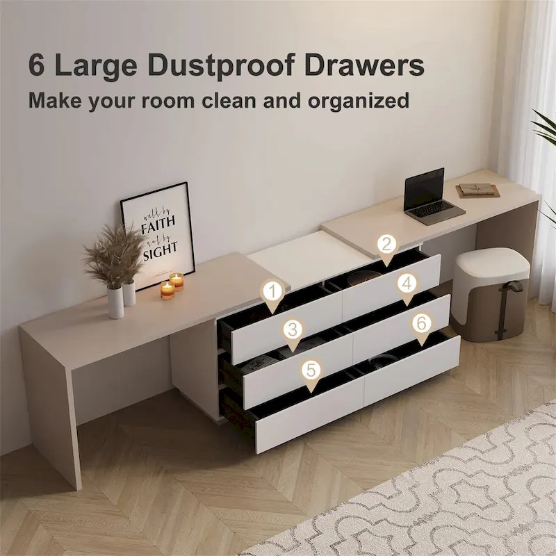Expandable Home Office Desk 102-144 Inch Adjustable Length with 6 Drawers Modern Dual-Color MDF Dresser Desk for 2 People