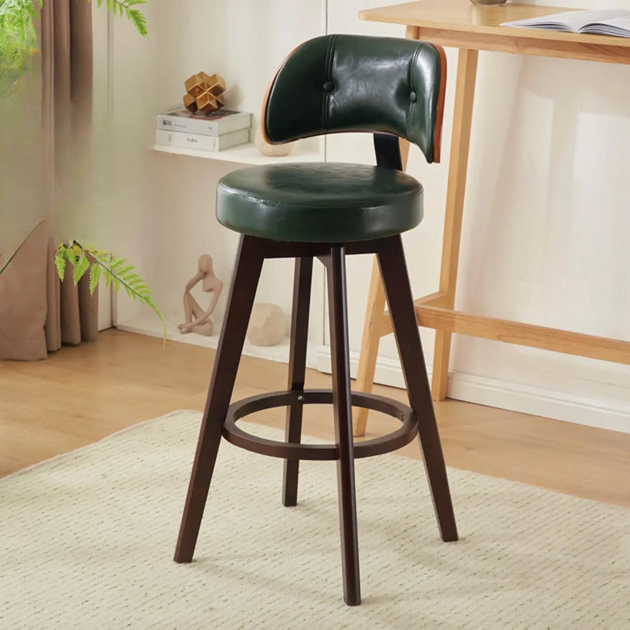 Natural Wood Round Leather Swivel Bar Stools