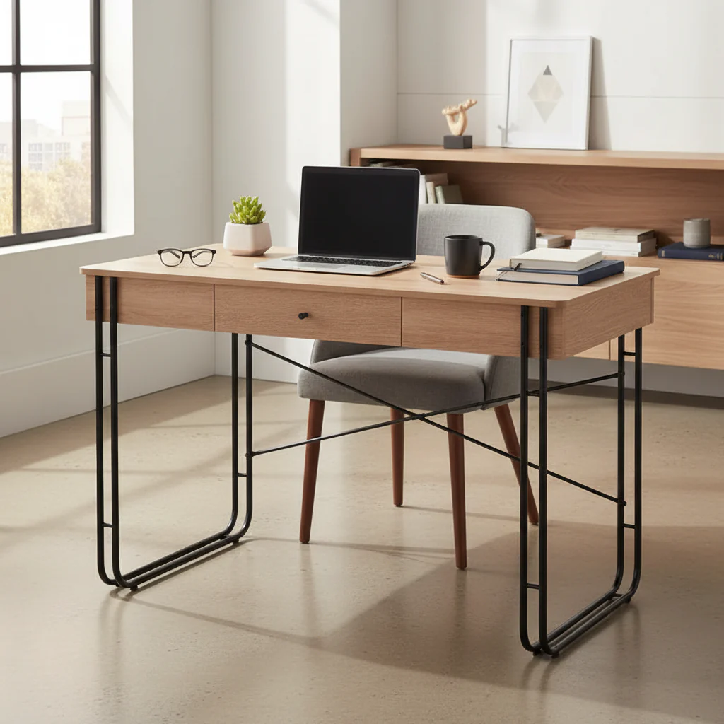 Brown & Black Home Office Desk with Drawer & USB Port – Modern Style, Single Use