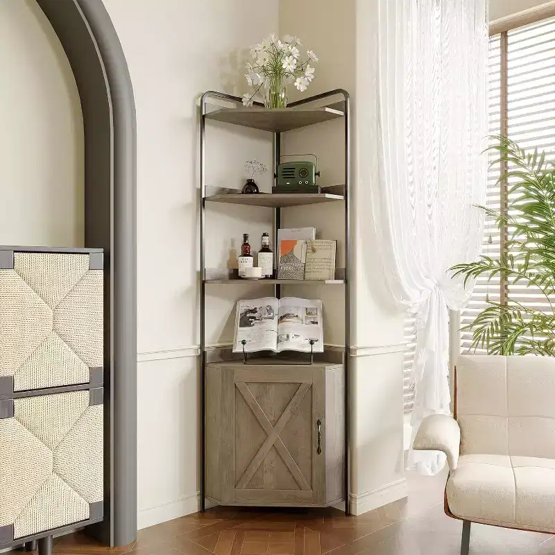 Corner Shelf, Bookcase, Standing Shelf, File Shelf, Wall Shelf, 3 Shelves and Storage Cabinet, MDF + Metal, Sonoma Grey, 60 x 42 x 180 cm