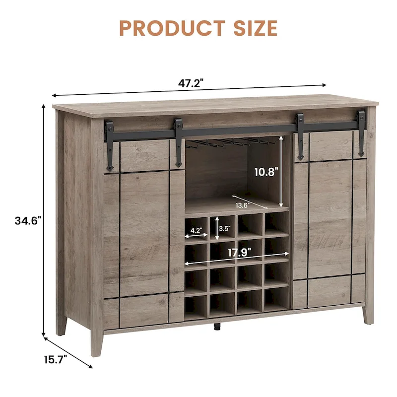 Dark Brown / White Farmhouse Sliding Barn Door Wine Bar Cabinet with 16-Bottle Rack – Single Unit