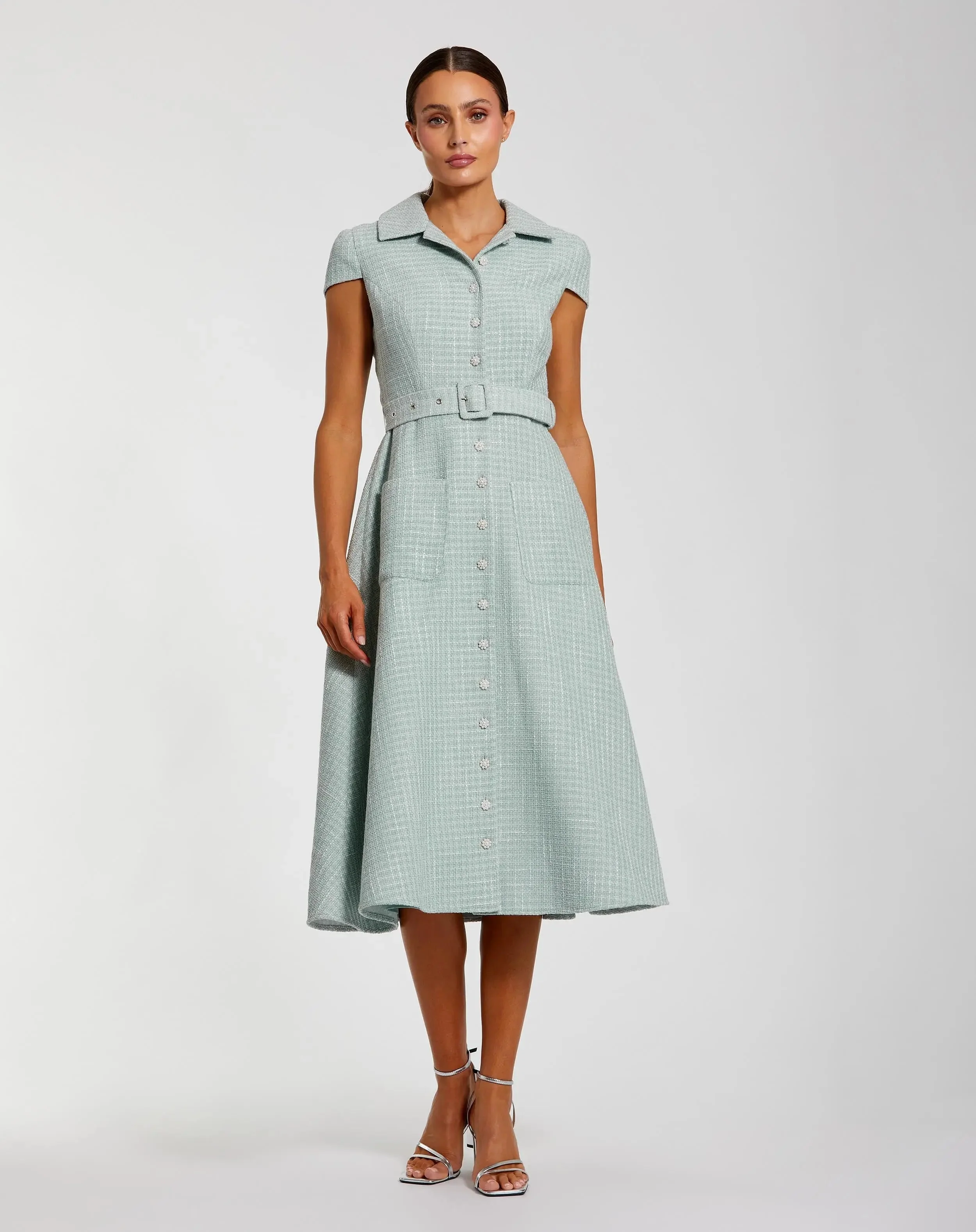 Light Blue Boucle Cap Sleeve Button Up Midi Dress