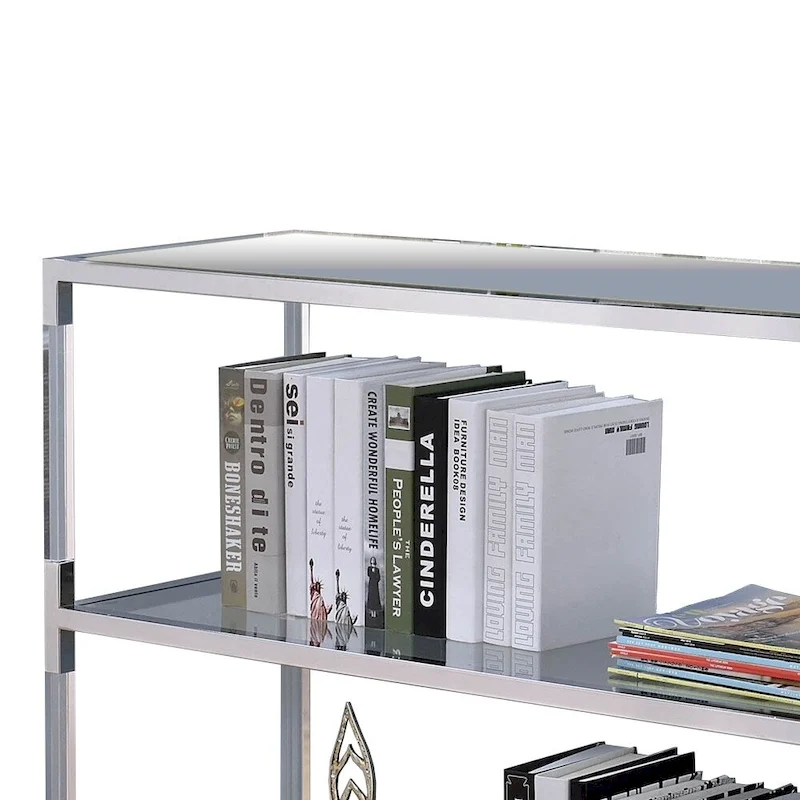 Metal and Glass Sofa Table with 2 Open Shelves, Silver and Clear