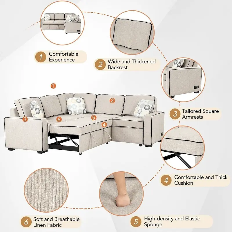 L-Shaped Reversible Chaise Sectional Sofa Pull Out Sofa Bed