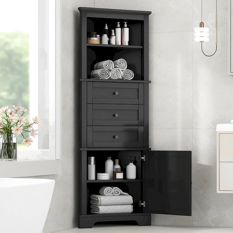 Black Triangle Tall Cabinet with 3 Drawers and Adjustable Shelves for Bathroom, Kitchen or Living Room