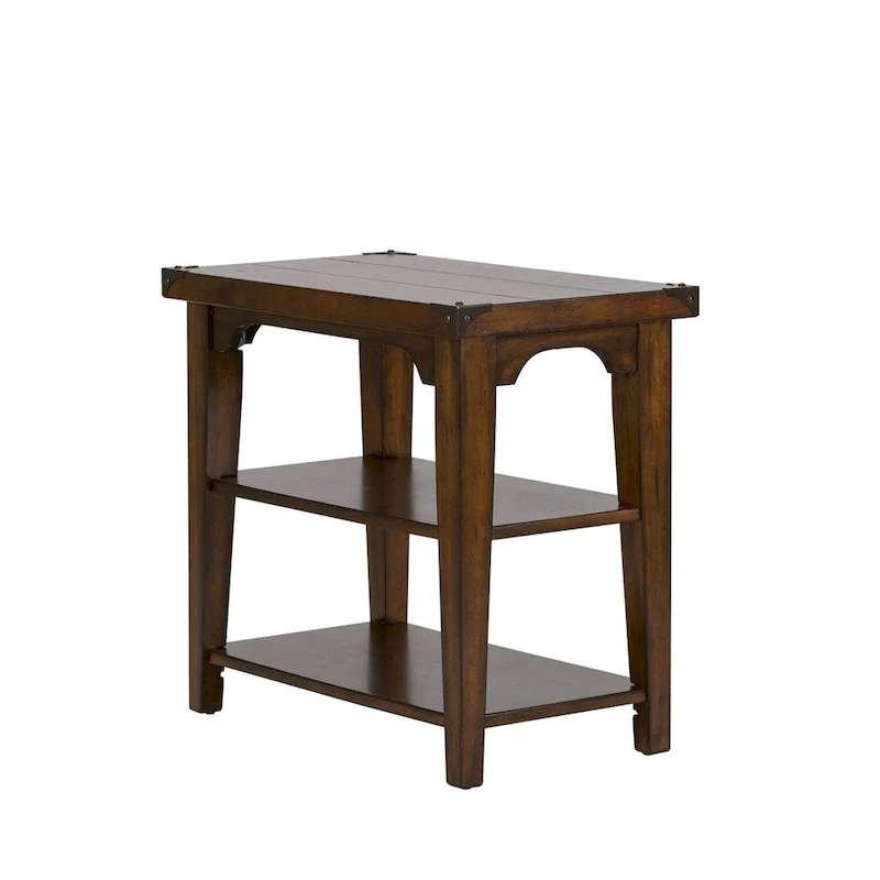 Russet Brown Chair Side Table Pine Wood 2 Open Shelves Metal Accents Planked Top Tapered Legs 16.25