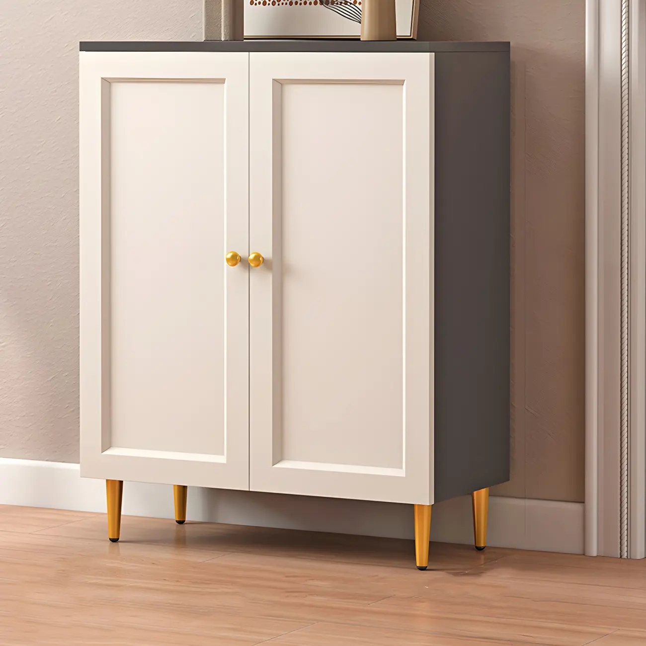 Cream Solid Wood Shoe Cabinet for Entryway with Doors